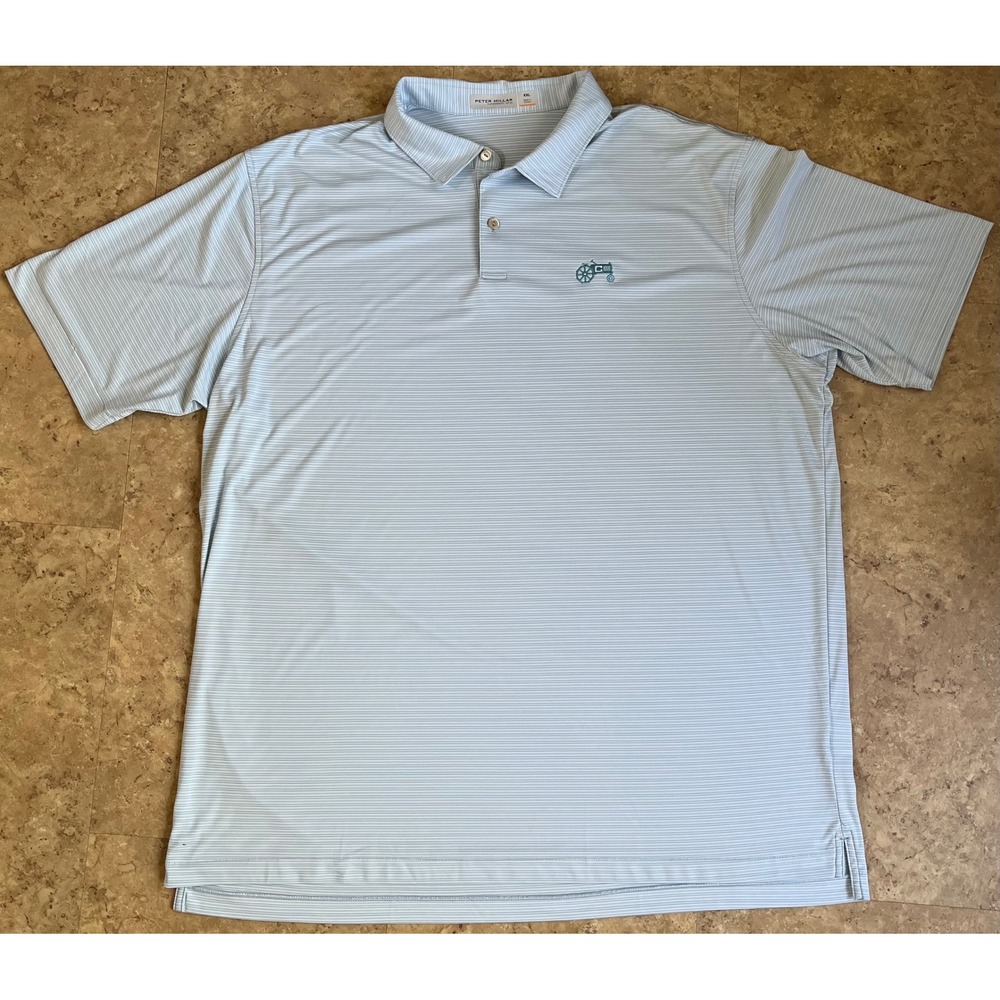 Peter Millar Featherweight UPF 50 Polo Mens XXL Blue White Stripe Tractor Logo - Picture 4 of 7